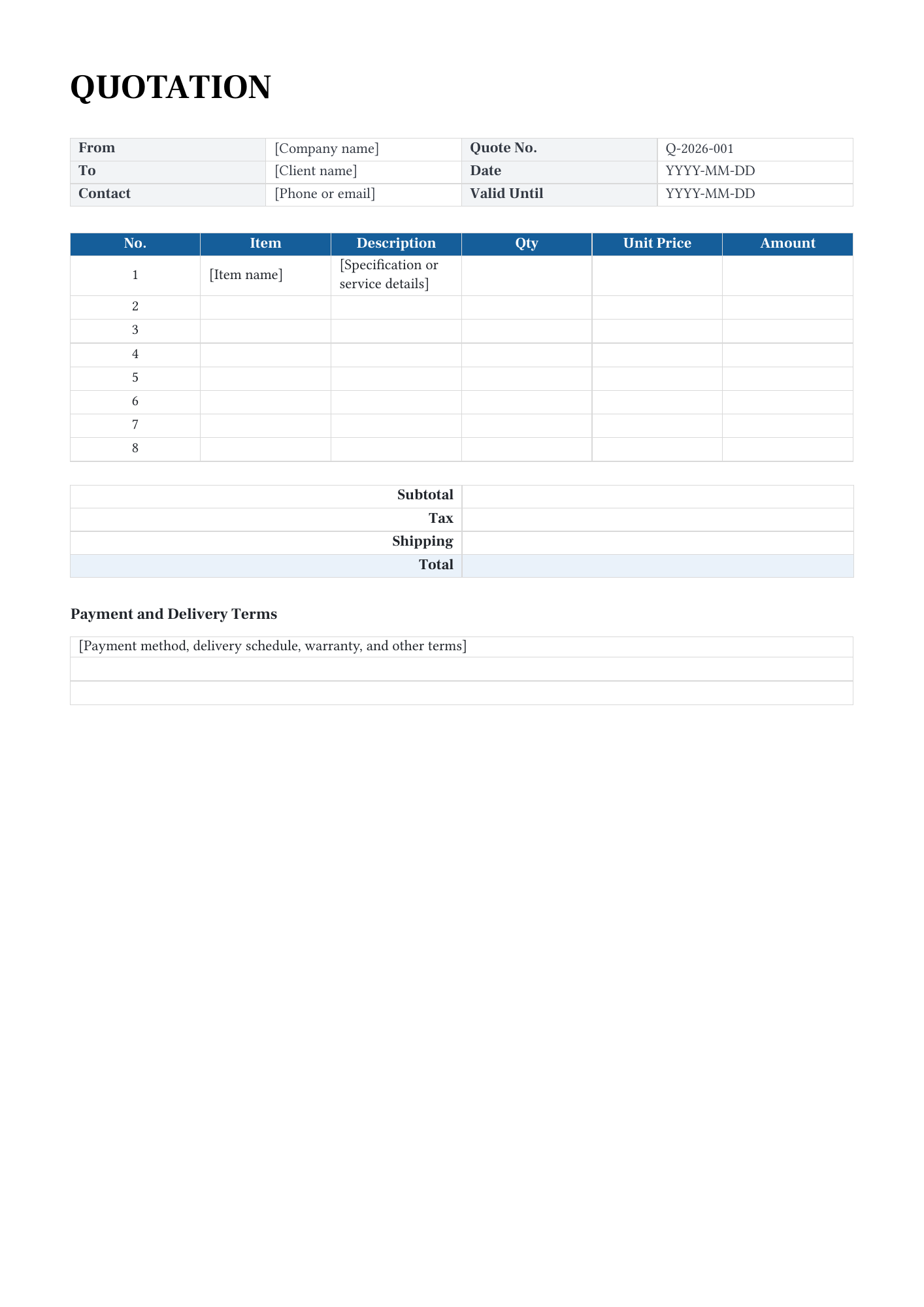 Editable Word quotation preview